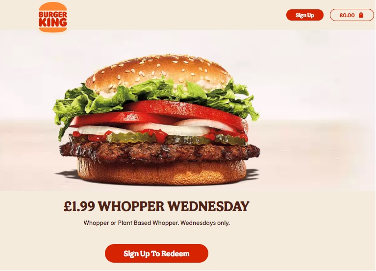 burger king whopper at £1.99 on Wednesday